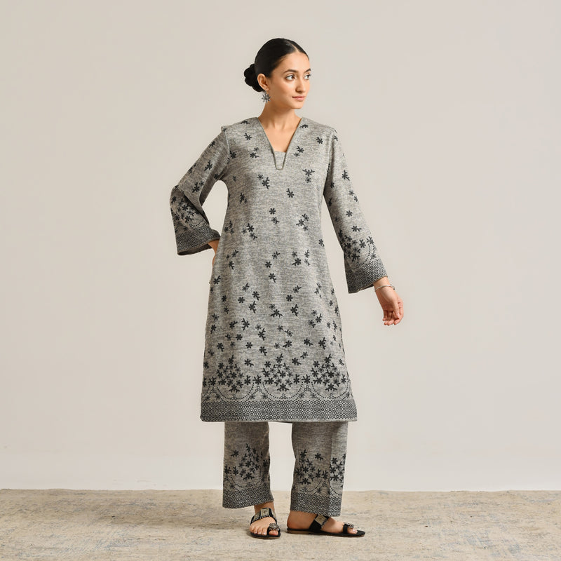 Grey Contemporary Woollen Kurta with Lace Detail