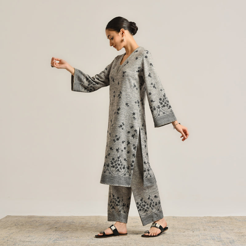 Grey Contemporary Woollen Kurta with Lace Detail