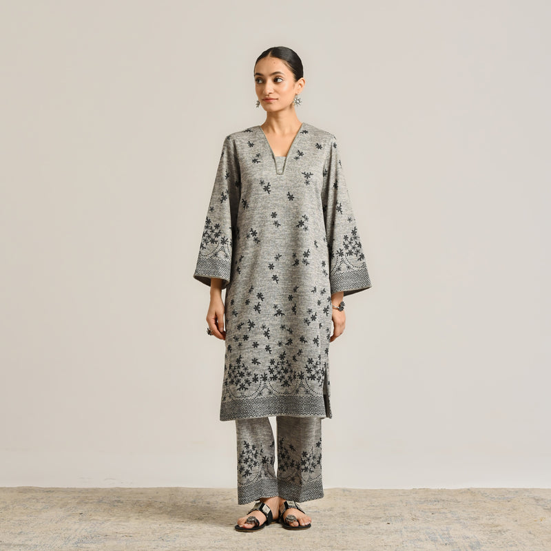 Grey Contemporary Woollen Kurta Set with Lace Detail