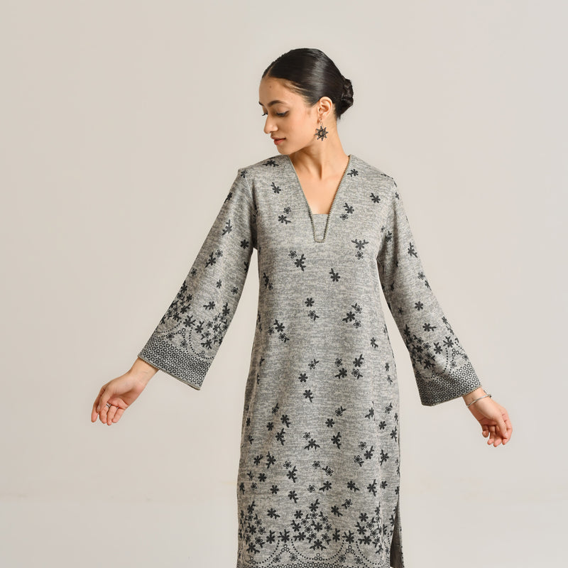 Grey Contemporary Woollen Kurta with Lace Detail