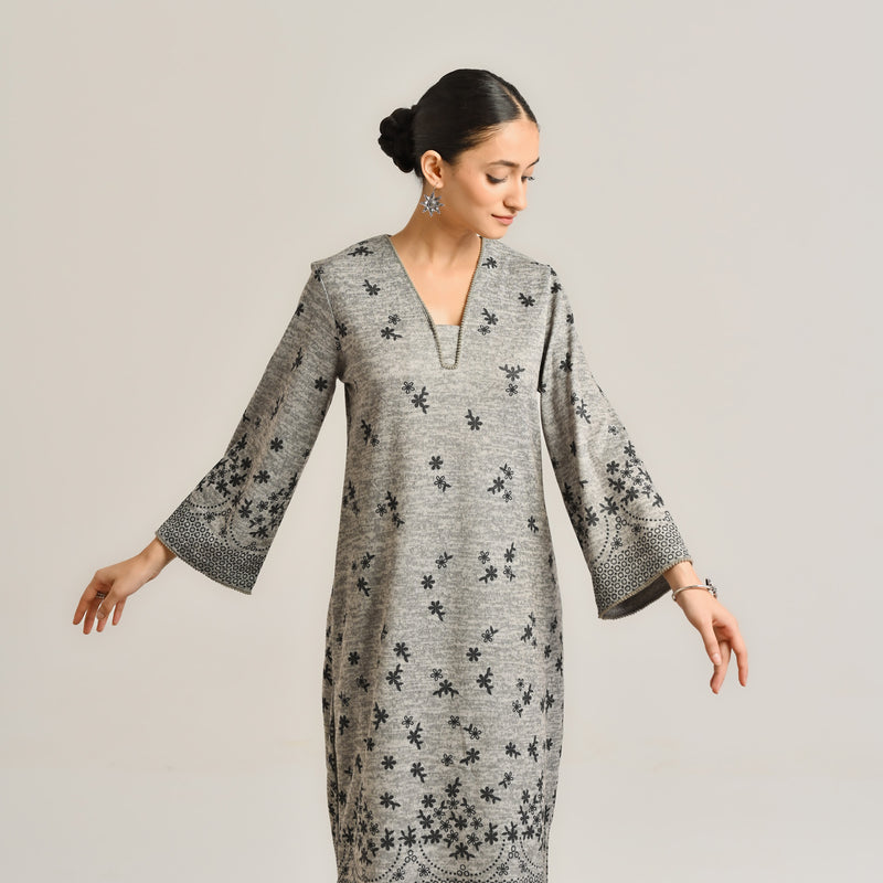 Grey Contemporary Woollen Kurta with Lace Detail