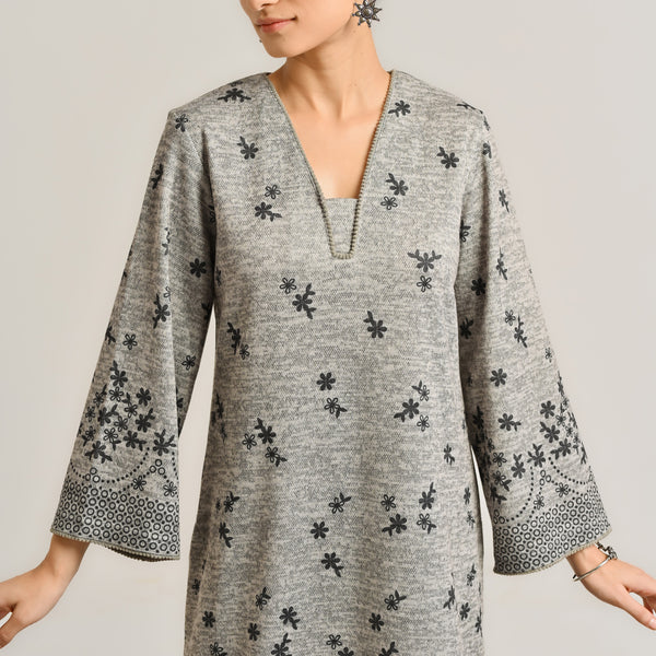 Grey Contemporary Woollen Kurta with Lace Detail