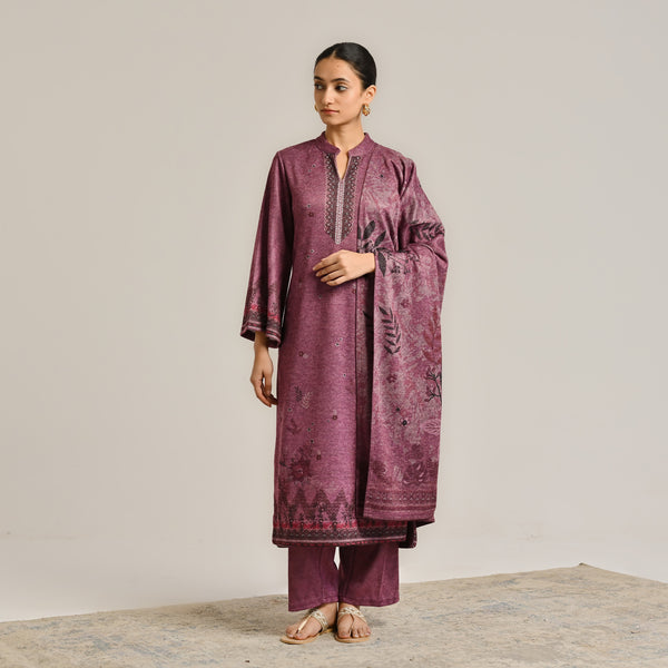 Burgundy Contemporary Woollen Kurta Set with Dupatta