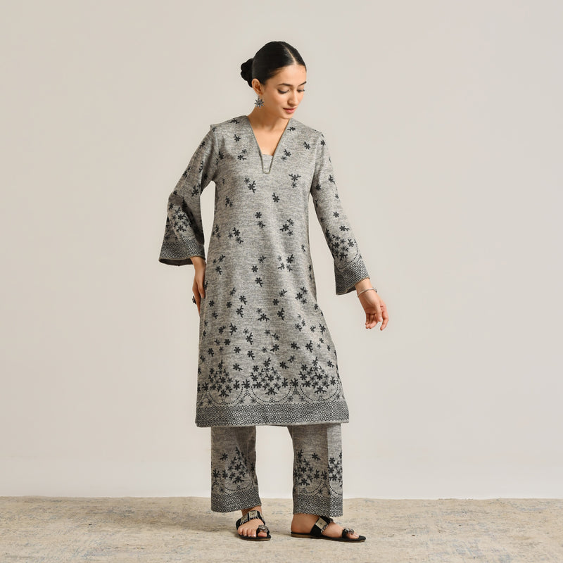 Grey Contemporary Woollen Kurta Set with Lace Detail