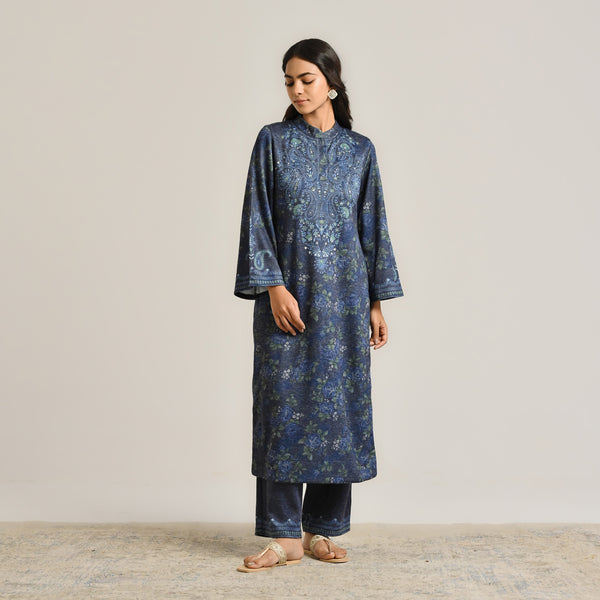 Blue Kashmiri Inspired Woollen Kurta Set with Embroidery Detail