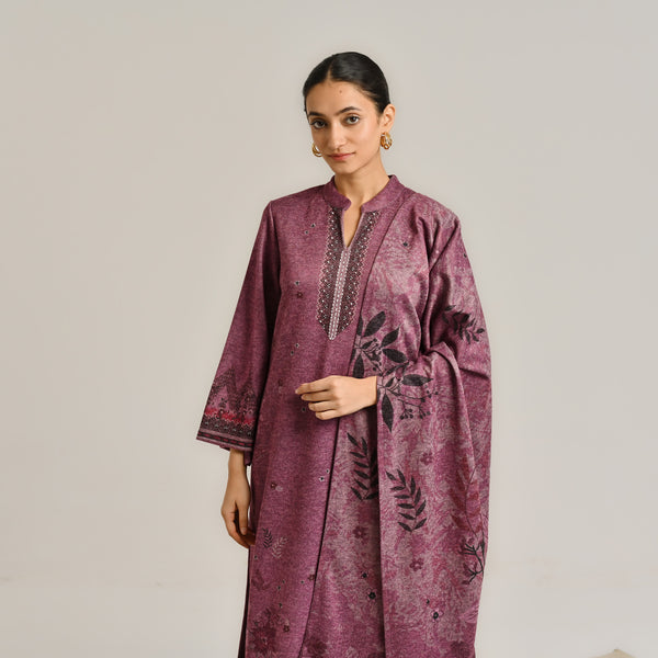 Burgundy Contemporary Woollen Kurta Set with Dupatta