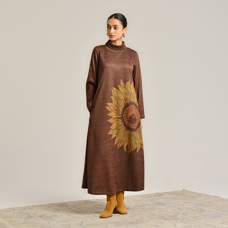 Brown Sunflower Statement Woollen Winter Dress