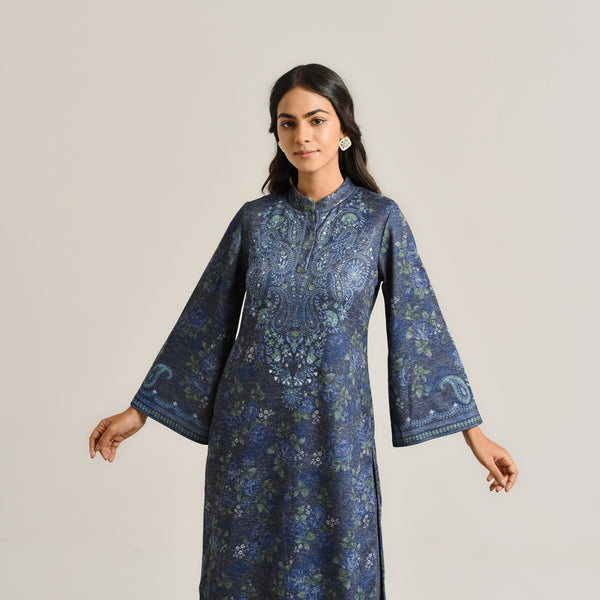 Blue Kashmiri Inspired Woollen Kurta Set with Embroidery Detail