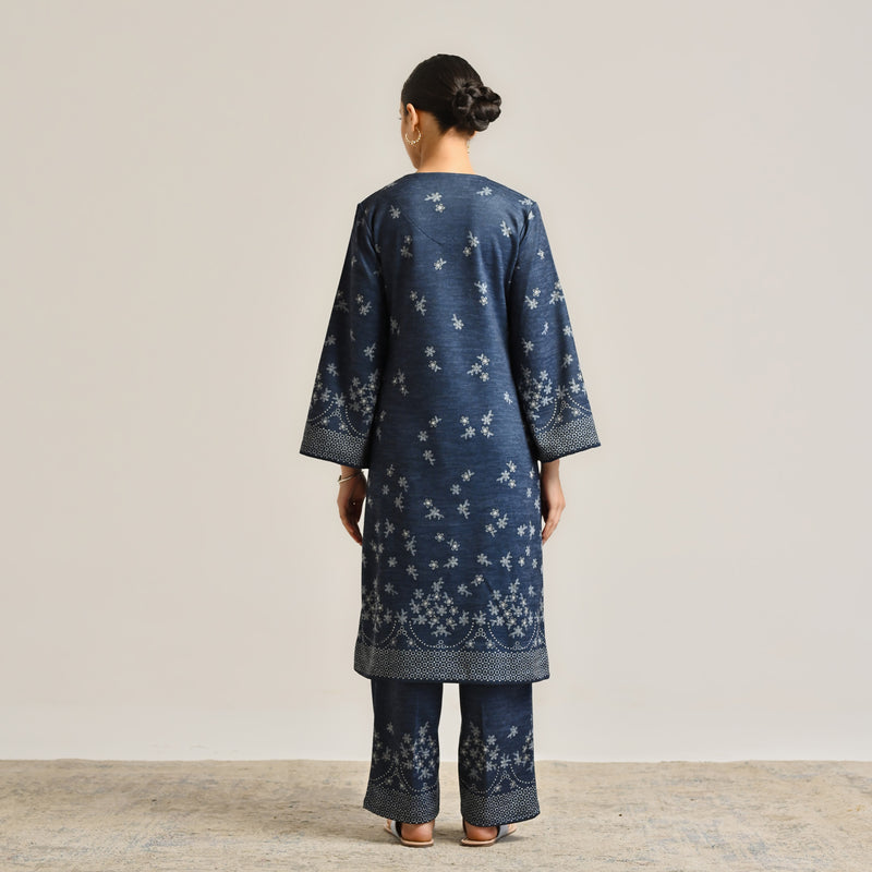 Blue Contemporary Woollen Kurta Set with Lace Detail