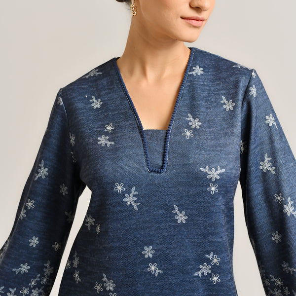 Blue Contemporary Woollen Kurta with Lace Detail