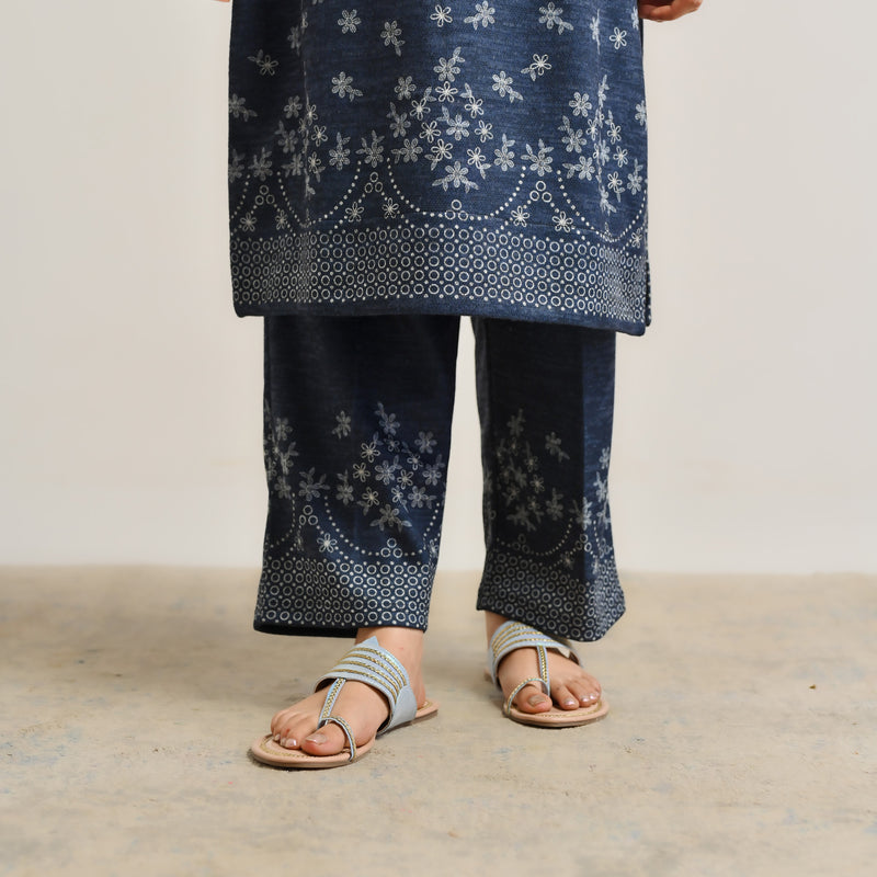 Blue Contemporary Woollen Kurta Set with Lace Detail