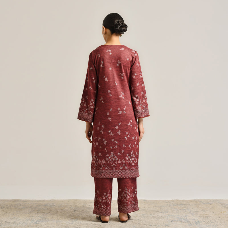 Maroon Contemporary Woollen Kurta Set with Lace Detail