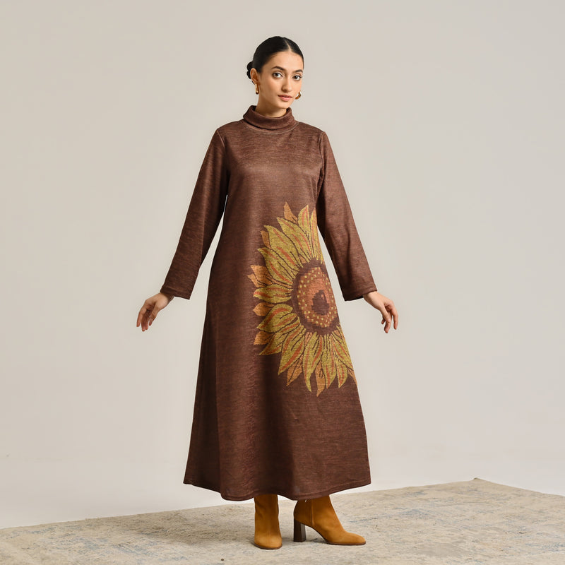 Brown Sunflower Statement Woollen Winter Dress