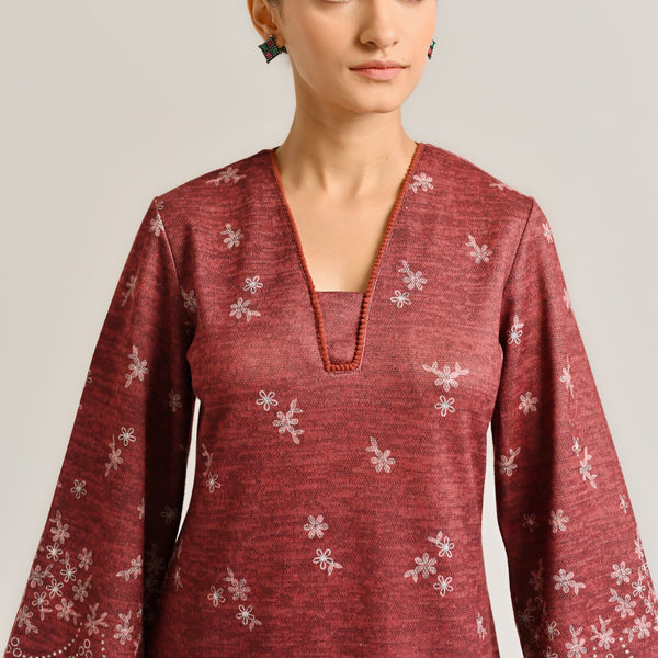 Maroon Contemporary Woollen Kurta Set with Lace Detail