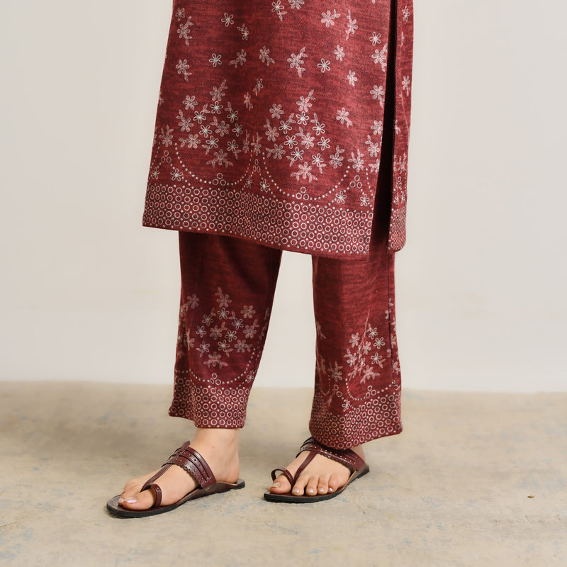 Maroon Contemporary Woollen Kurta Set with Lace Detail