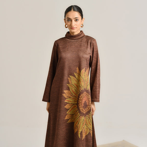 Brown Sunflower Statement Woollen Winter Dress