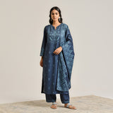 Blue Contemporary Embroidered Woollen Kurta Set with Dupatta