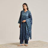 Blue Contemporary Embroidered Woollen Kurta Set with Dupatta