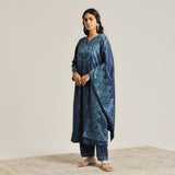 Blue Contemporary Embroidered Woollen Kurta Set with Dupatta