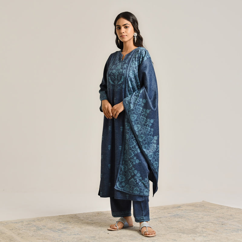 Blue Contemporary Embroidered Woollen Kurta Set with Dupatta