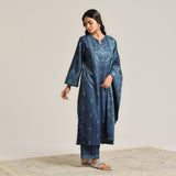 Blue Contemporary Embroidered Woollen Kurta Set with Dupatta