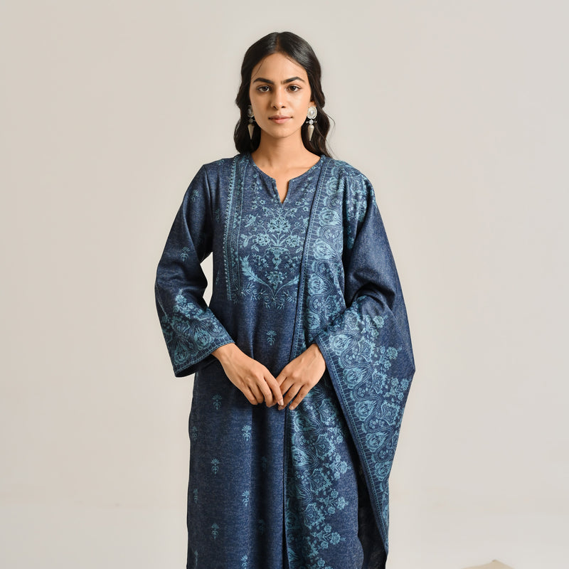 Blue Contemporary Embroidered Woollen Kurta Set with Dupatta