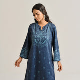 Blue Contemporary Embroidered Woollen Kurta Set with Dupatta