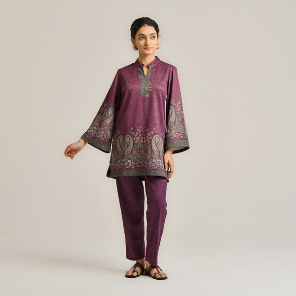 Wine Kashmiri Inspired Contemporary Woollen Co-ord Set