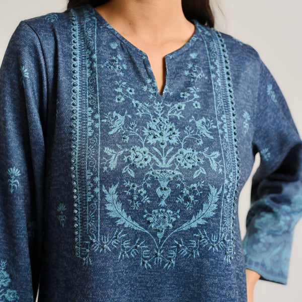 Blue Contemporary Embroidered Woollen Kurta Set with Dupatta