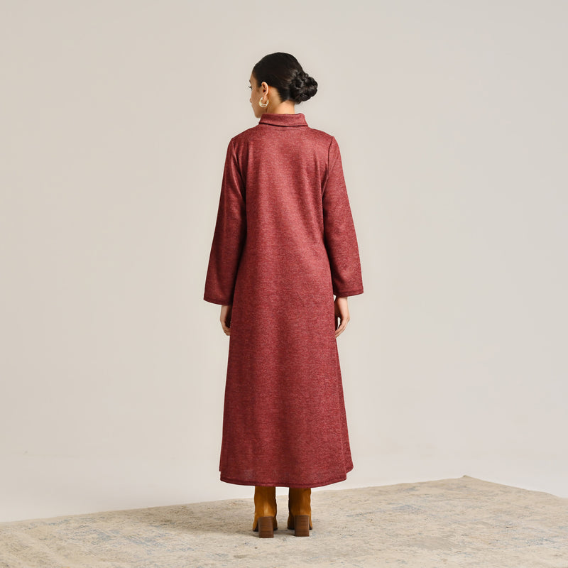 Maroon Sunflower Statement Woollen Winter Dress