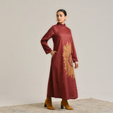 Maroon Sunflower Statement Woollen Winter Dress