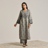 Grey Contemporary Embroidered Woollen Kurta Set with Dupatta