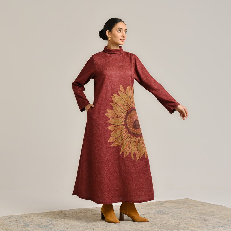 Maroon Sunflower Statement Woollen Winter Dress