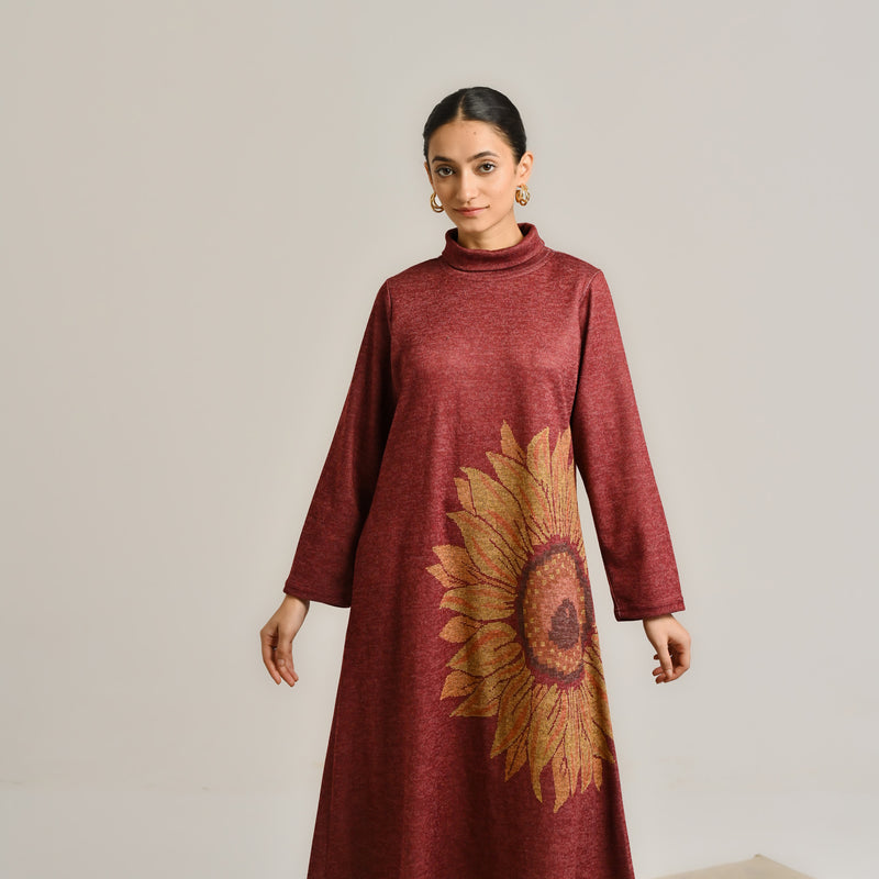 Maroon Sunflower Statement Woollen Winter Dress