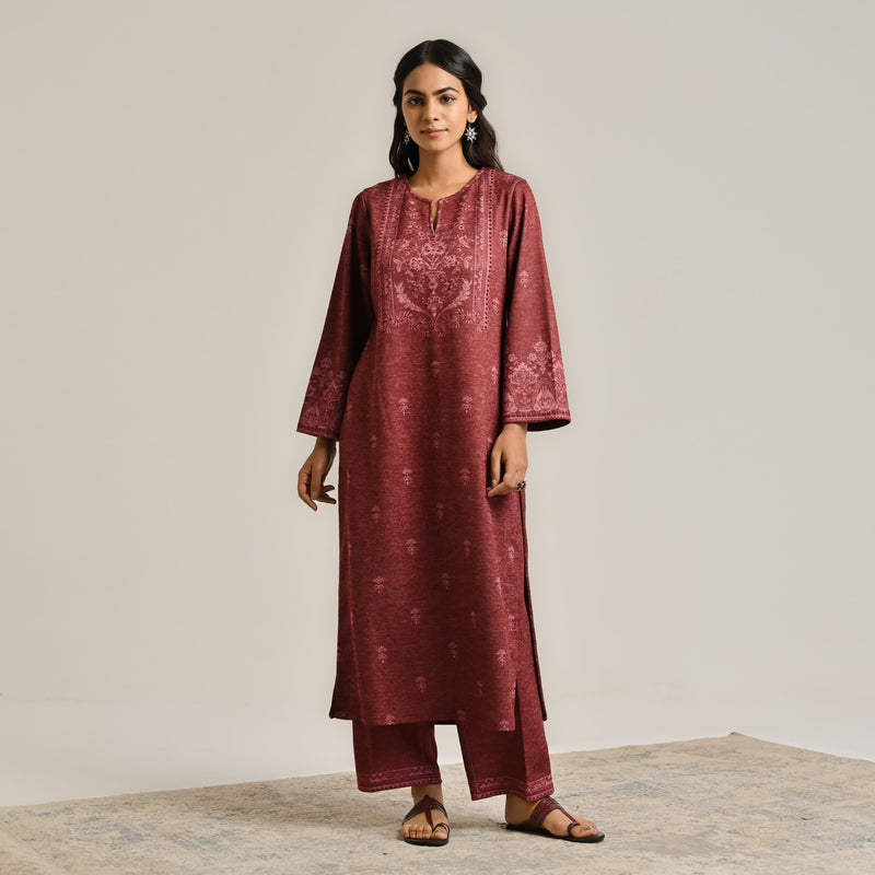 Maroon Contemporary Embroidered Woollen Kurta Set with Dupatta