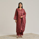 Maroon Contemporary Embroidered Woollen Kurta Set with Dupatta