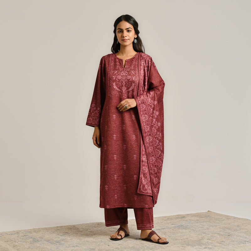 Maroon Contemporary Embroidered Woollen Kurta Set with Dupatta