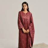 Maroon Contemporary Embroidered Woollen Kurta Set with Dupatta