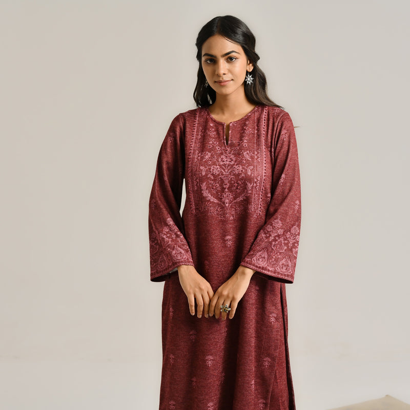 Maroon Contemporary Embroidered Woollen Kurta Set with Dupatta