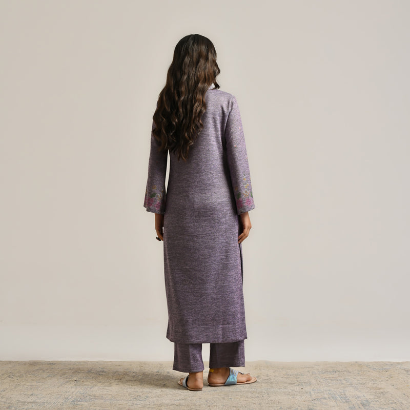 Mauve Floral Woollen Kurta Set with Embroidery Detail