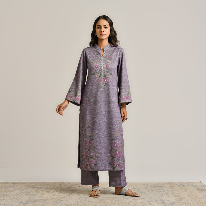 Mauve Floral Woollen Kurta with Embroidery Detail