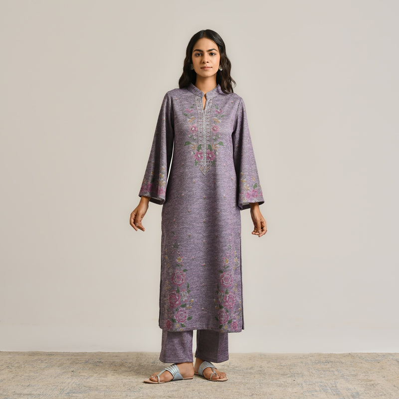 Mauve Floral Woollen Kurta with Embroidery Detail