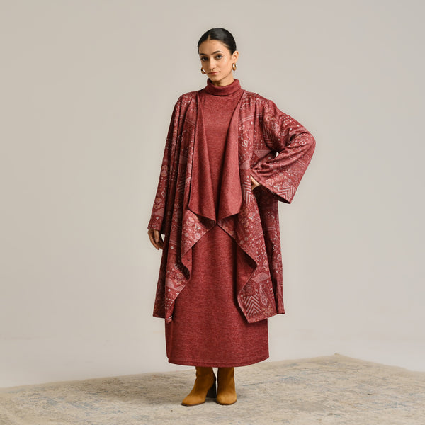 Maroon Woollen Winter Dress with Shrug