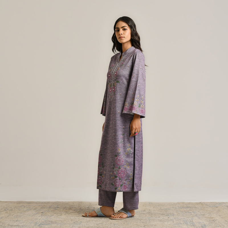 Mauve Floral Woollen Kurta with Embroidery Detail