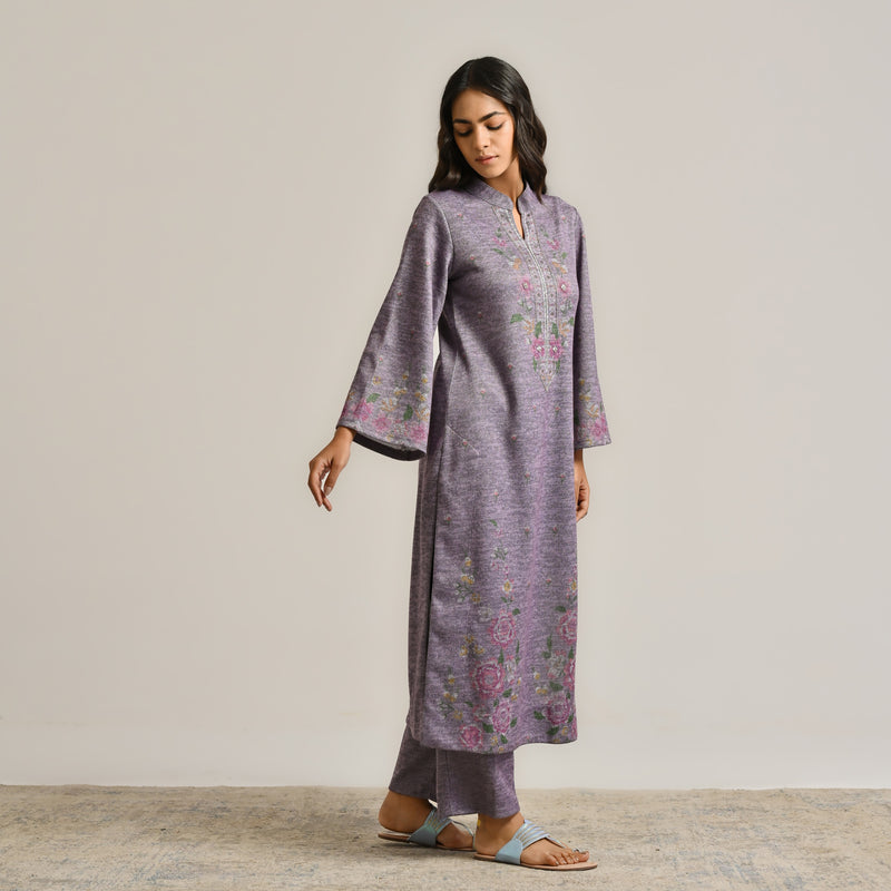 Mauve Floral Woollen Kurta with Embroidery Detail