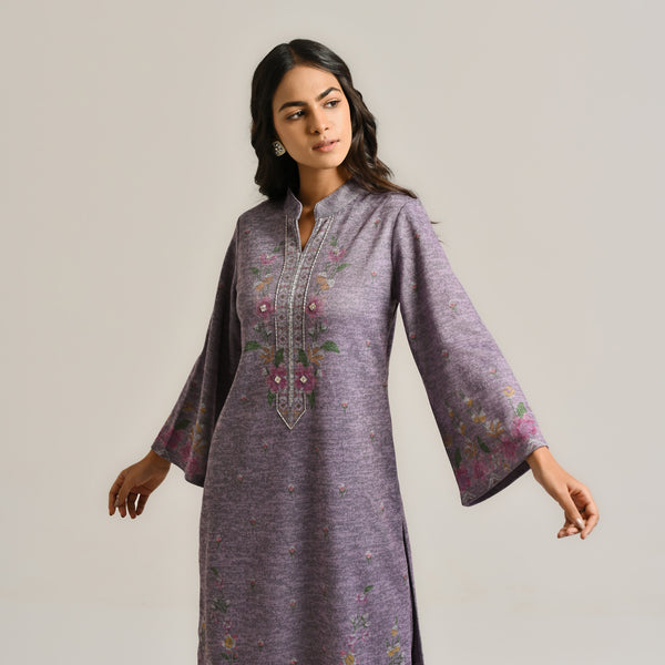 Mauve Floral Woollen Kurta with Embroidery Detail