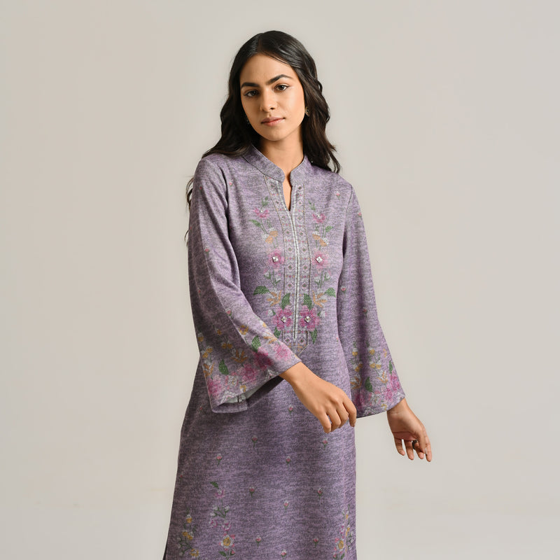 Mauve Floral Woollen Kurta with Embroidery Detail