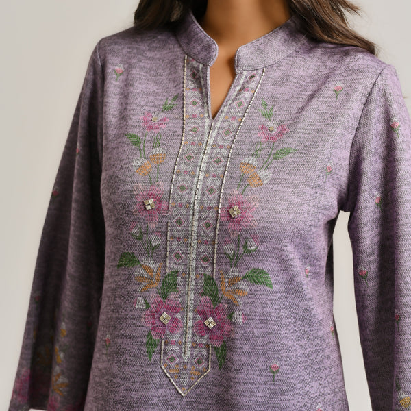 Mauve Floral Woollen Kurta with Embroidery Detail