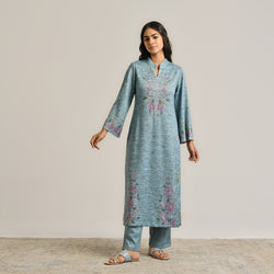 Skyblue Floral Woollen Kurta Set with Embroidery Detail