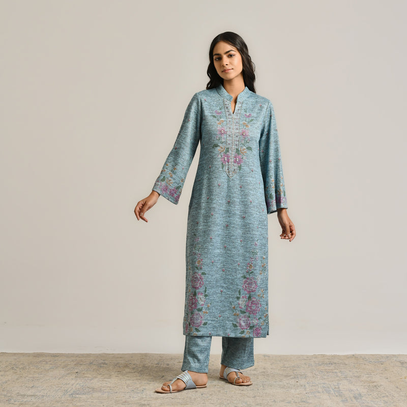 Skyblue Floral Woollen Kurta Set with Embroidery Detail